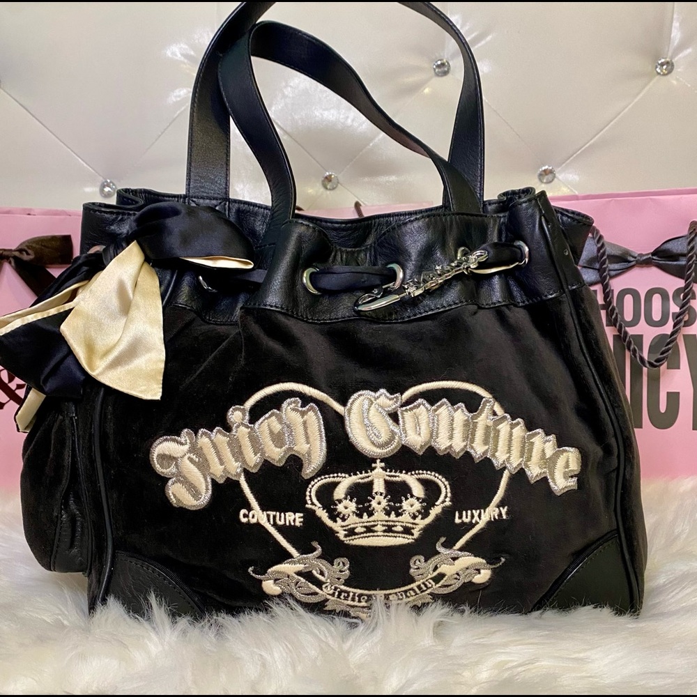Juicy Couture Black Shoulder Bag with Cream Embroidered Crest and Bow